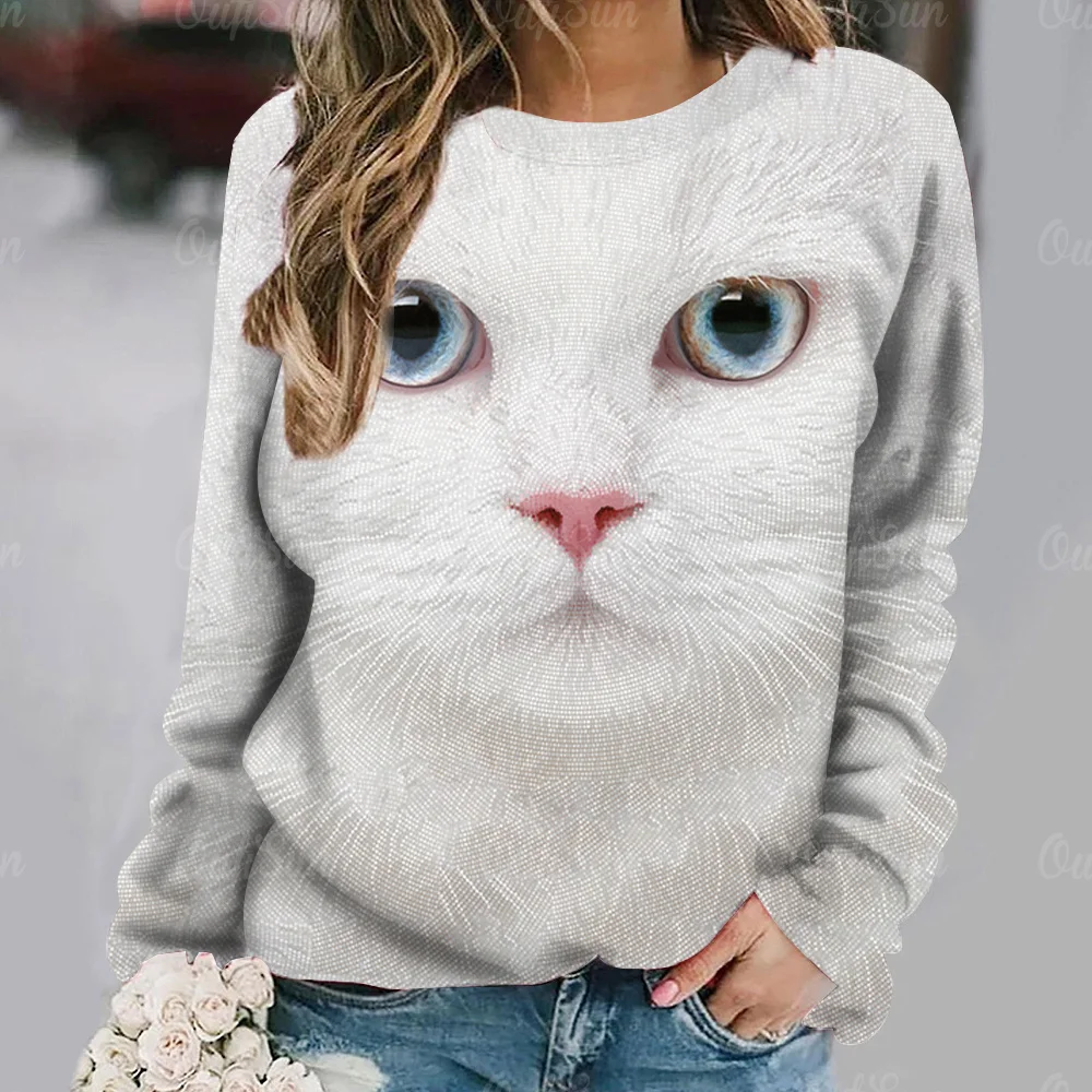 Cat Print maniche lunghe Tees Pullover Casual allentato Street abbigliamento femminile divertente carino top autunno/inverno cotone t-shirt da donna