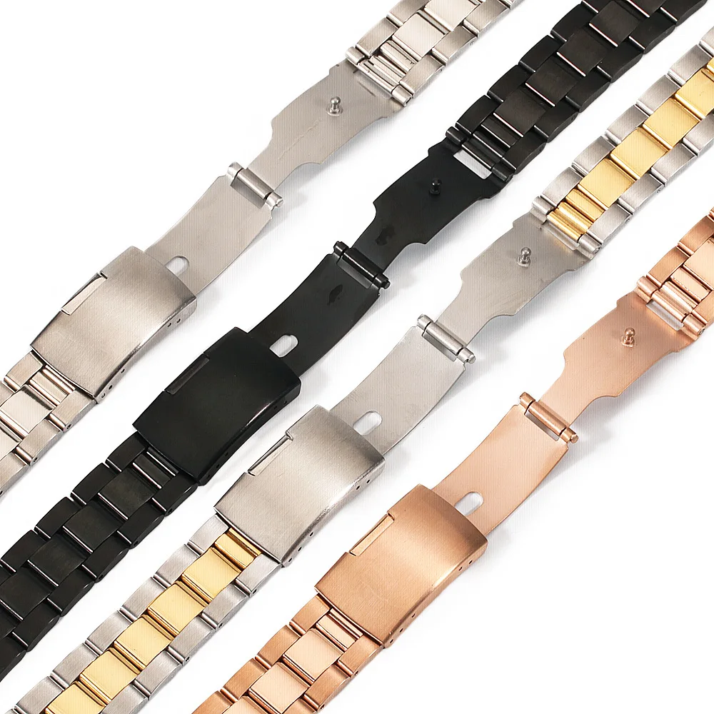 Solid Stainless Steel Watch Strap 18mm 20mm 22mm Universal Watch Accessories Three Bead Folding Buckle Watchbands