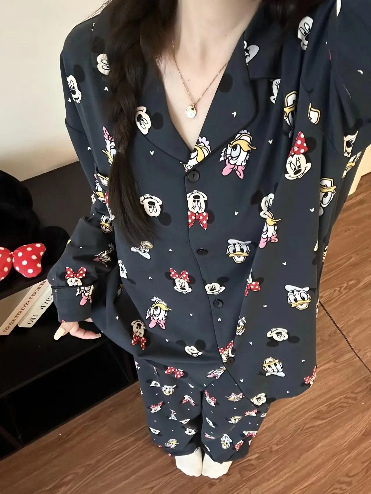 

Mickey Mouse Women's Spring Autumn Cloud Cotton Pajama Set Cute Cartoon Loose Fit Sleepwear Home Loungewear