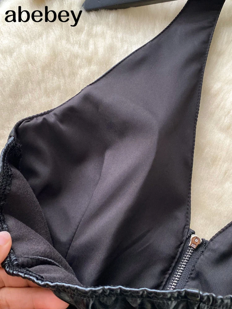 Women Aesthetic Leather Vest Crop Halter Deep V-Neck Tops Summer Solid Color Metal Buckle Backless Sleeveless Shirts