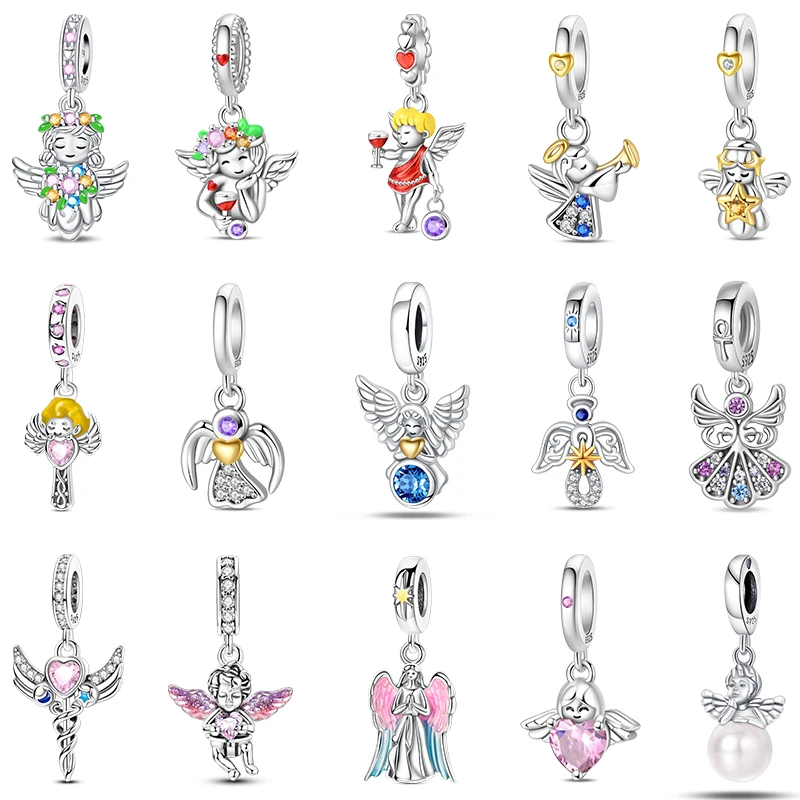 

925 Sterling Silver Guardian Angel Series Angel's Wings Drunk Angel Charms Beads Fit DIY Bracelets Lucky Birthday Jewelry Gift