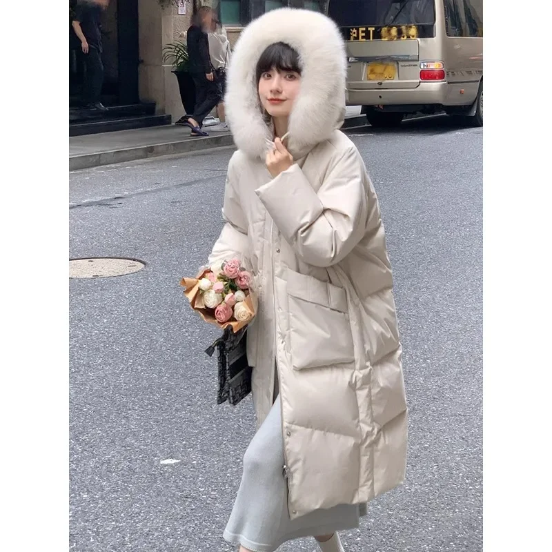 2024 new mid to long style real fox fur collar 90 white duck down down down jacket women's winter version loose hooded jacket