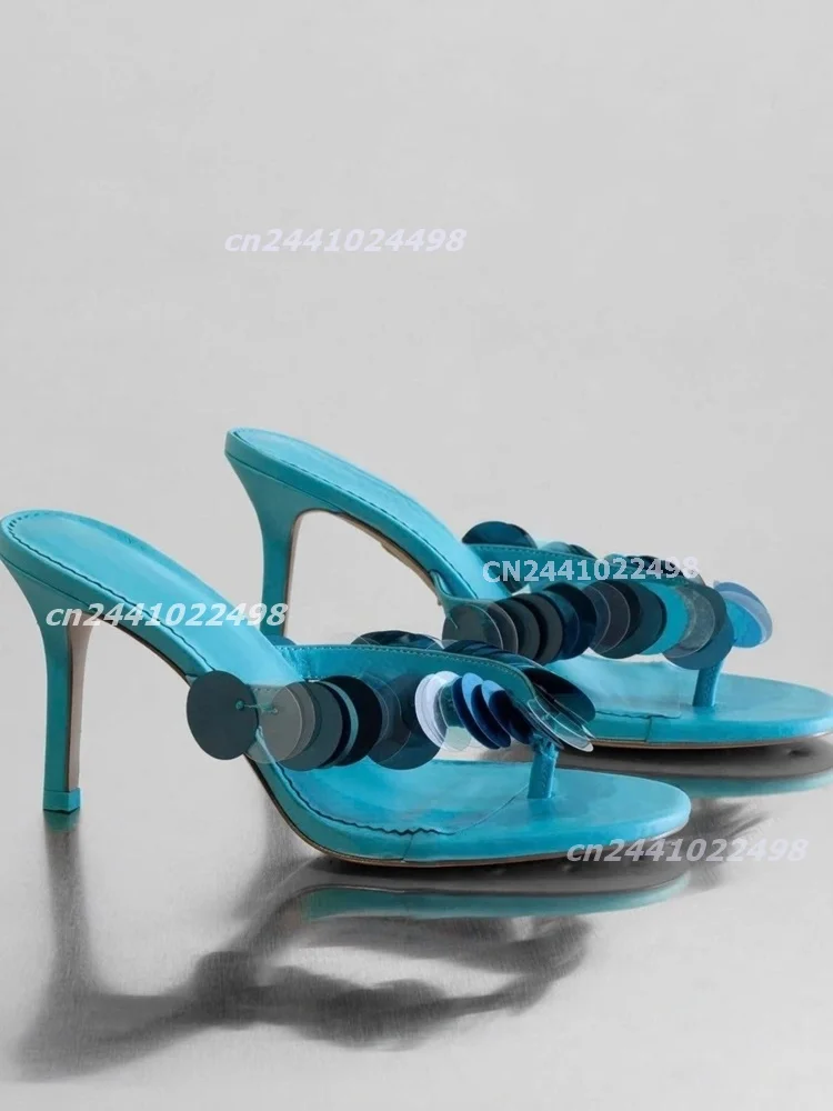 Women's Blue Matte Leather Thong High Heel Sandals Stiletto Heel Flip Flops with Sequin Disc Straps Faux Leather Open Toe Shoes