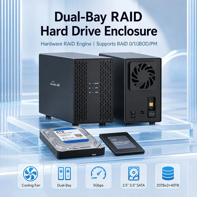 2.5 3.5 SATA SSD HDD RAID Enclosure USB C 2 Bay External Hard Drive RAID Enclosure with Fan for 2.5/3.5