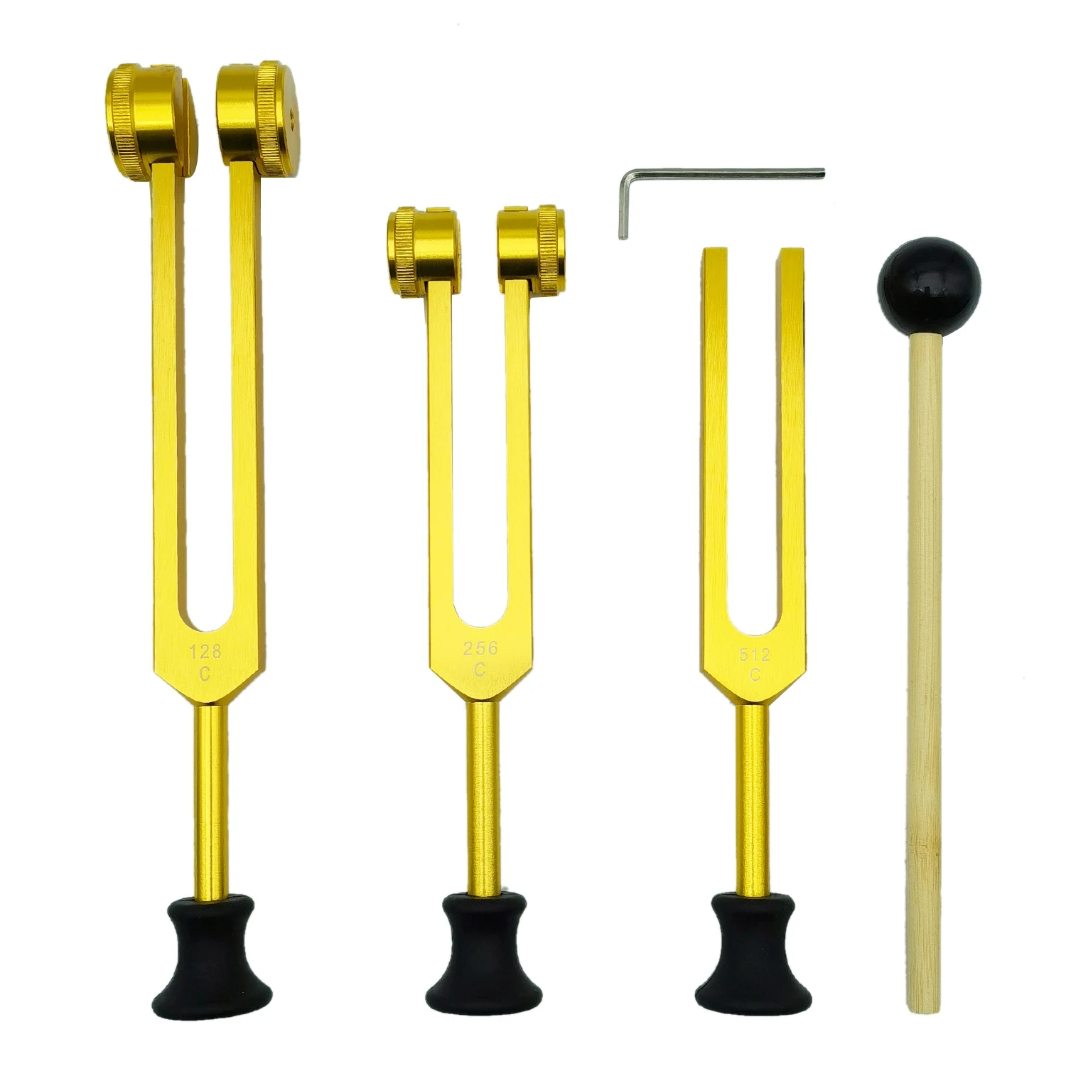 Conjunto de diapasão de 4 pacotes (128 Hz, 256 Hz, 512 Hz) com martelo de diapasão para ferramenta de vibração sonora com base, dourado