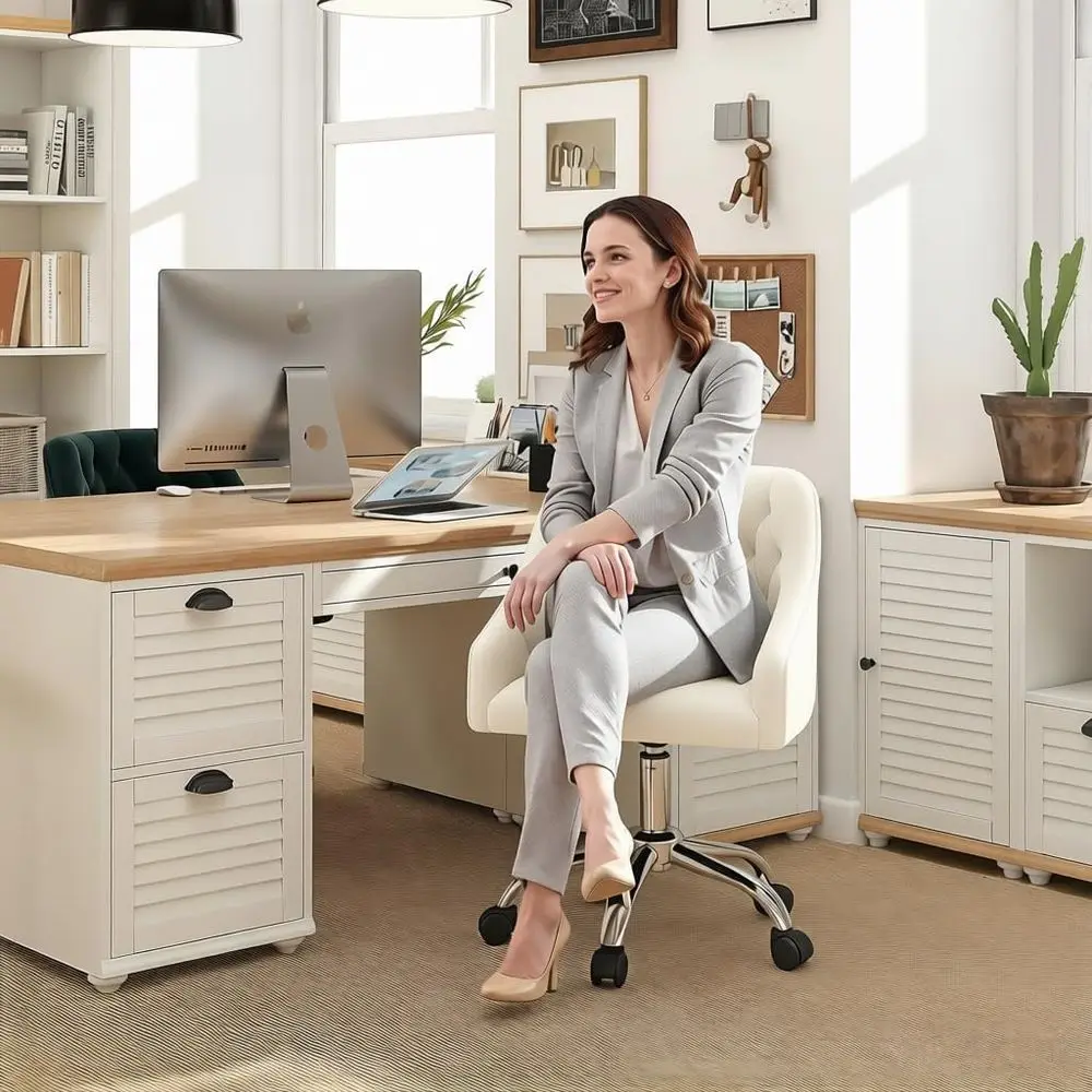 Luxurious White Swivel Vanity Chair with 360° Rotation and Adjustable Height for Chic Office Spaces