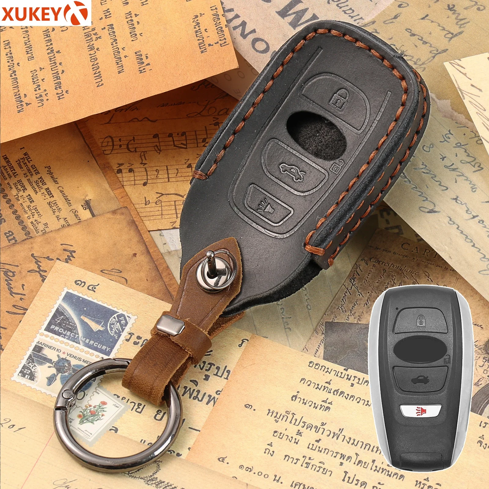 Genuine Leather 4 Button Keyless Entry Car Key Fob Chain Case Cover Shell Protector For Subaru BRZ STI XV Crosstrek Outback 2021