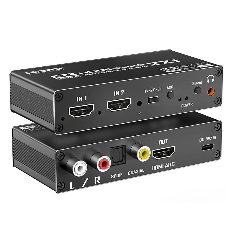 4K HDMI Switcher 2 in 1 out Audio Extractor HDMI ARC Audio Switch 2x1 Selector with R/L+Toslink SPDIF+COAXIAL Audio out Adapter