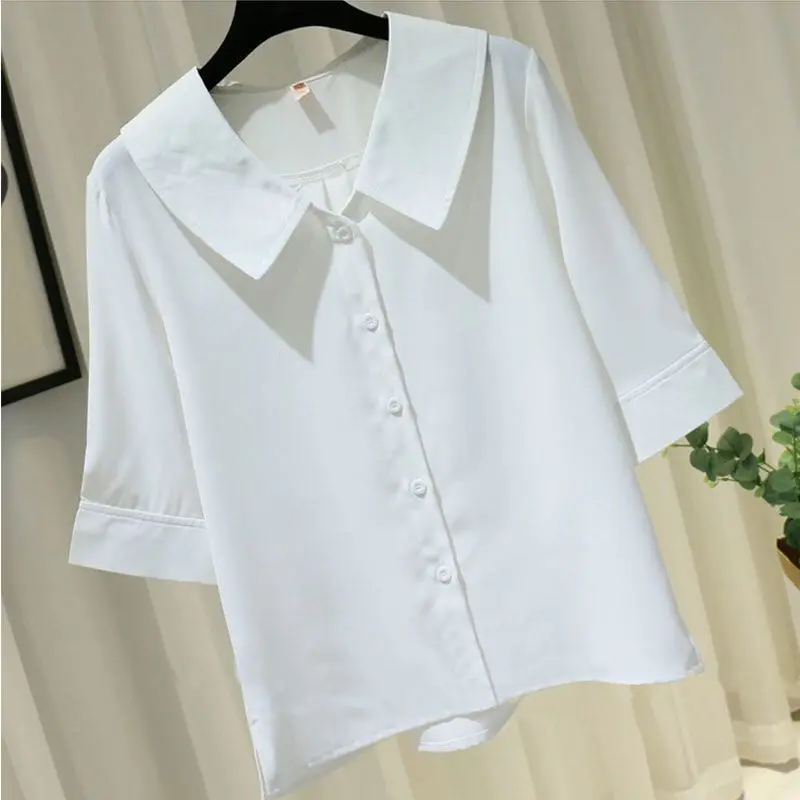 Elegant Chiffon Loose Shirt Tops Summer New Button Short Sleeve Polo Neck Solid Color Loose Blouse Casual Office Women Clothing