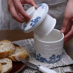 Ceramic Butter Container French Butter Crock with Lid Butter Jar Cheese Case Storage Box for Dining Kitchen Food Organizer