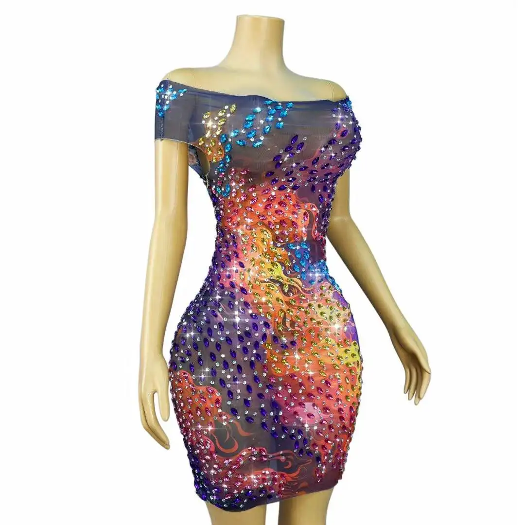 Sexy Elegance Off-Shoulder Flashing Rhinestones Trim Fit Mesh Dress Evening Birthday Exquisite Gown Fashion Show Stage Wear view 4
