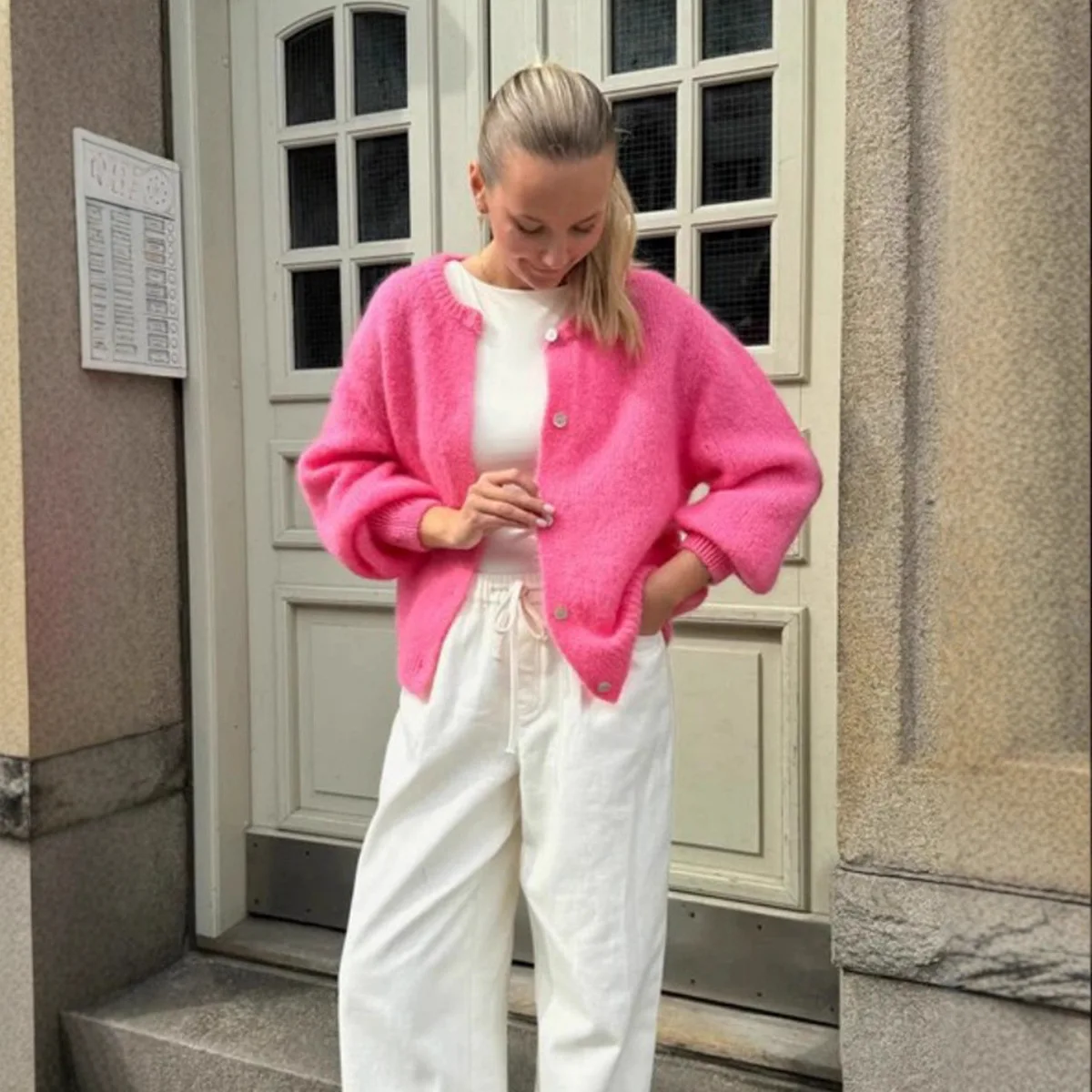 2025 Cárdigan suéter macarrón de color sólido de otoño e invierno para mujer