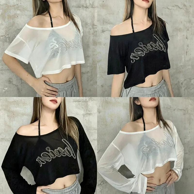 Short Sleeve Sexy Crop Top Glitter Letter Print Jazz Dance Translucent T-Shirt Casual Polyester Fabric Regular Thickness