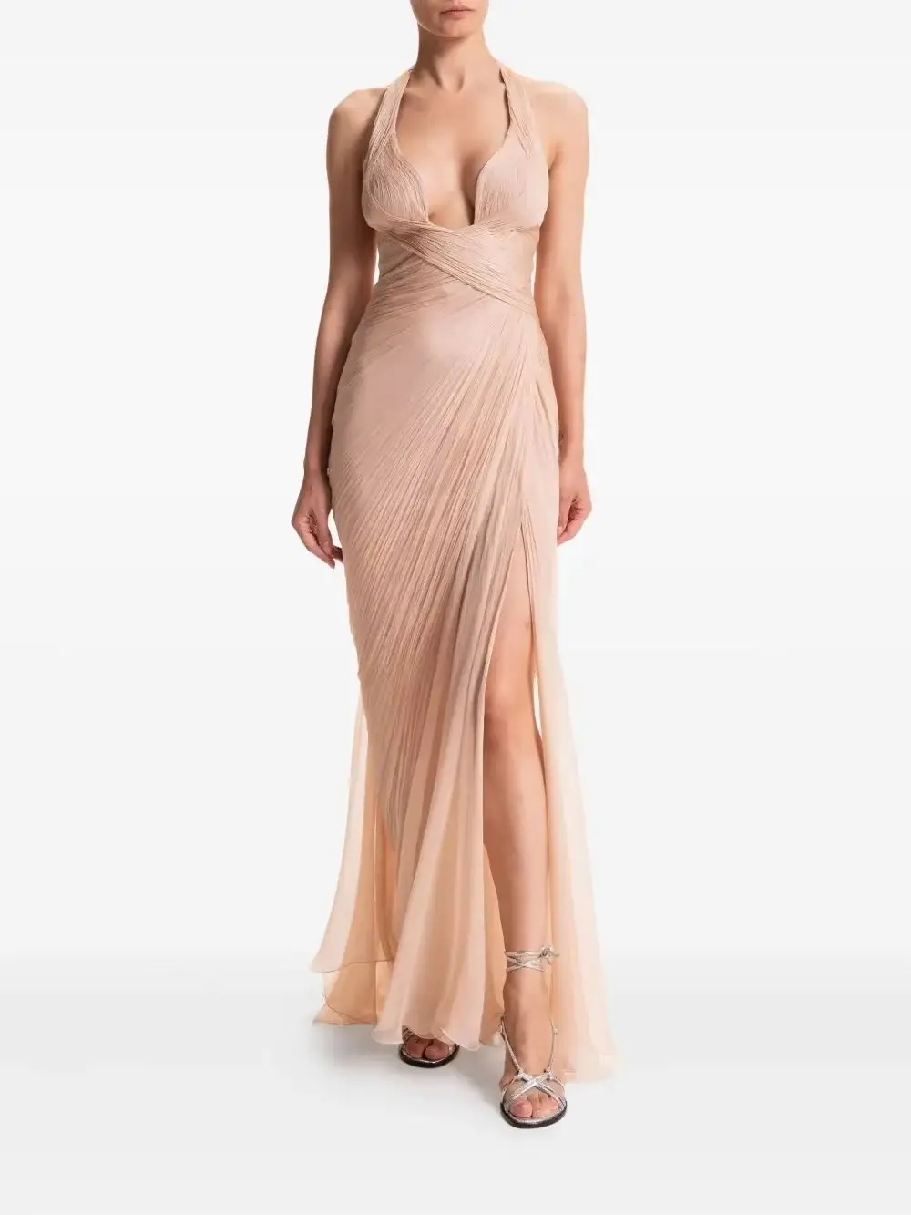 Halter Neck Deep V Neck Ruched Chiffon Maxi Dress Lace Up Back High Slit Evening Dress Party Cocktail Prom Wedding Guest Formal