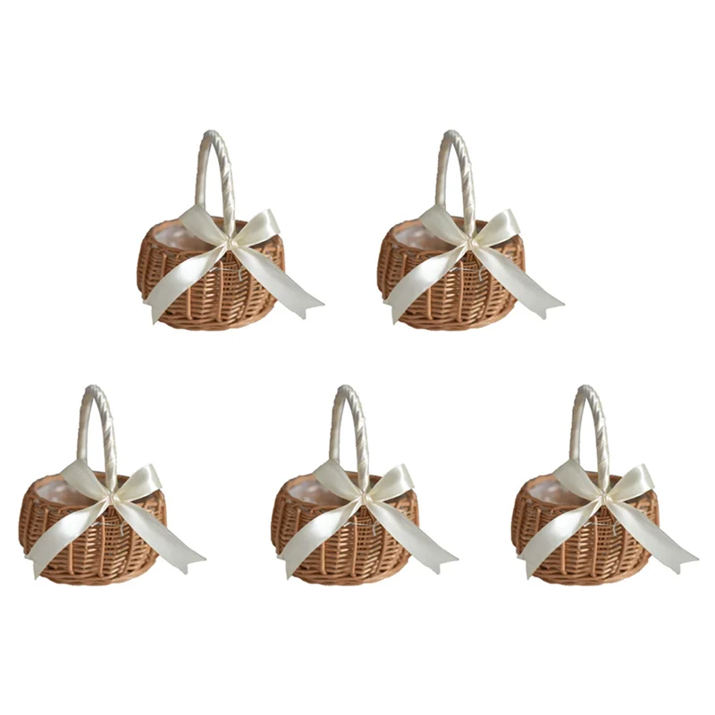 

AB35-5X Woven Flower Basket Rattan Storage Basket Flower Girl Hand Basket Handmade Flower Basket With Bow, S