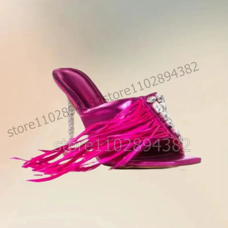 Rose Red Black Tassels Crystal Decor Open Toe Slippers Slip On Women Shoes Strange Style Heels Dating 2026 Zapatos Para Mujere