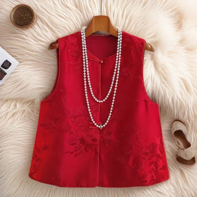 Women's Jackets Women's Vest Red new Chinese Vest Women's Autumn new Short retro Embroidery Light National Style Buckle Top Coat