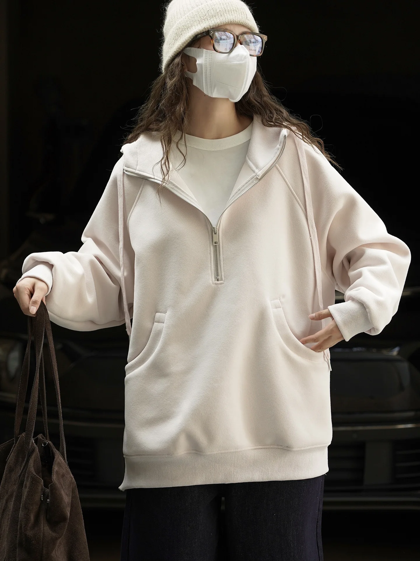 Moda Bai Dai media cremallera bolsillo curvo sudadera con capucha casual envejecido superior para mujeres