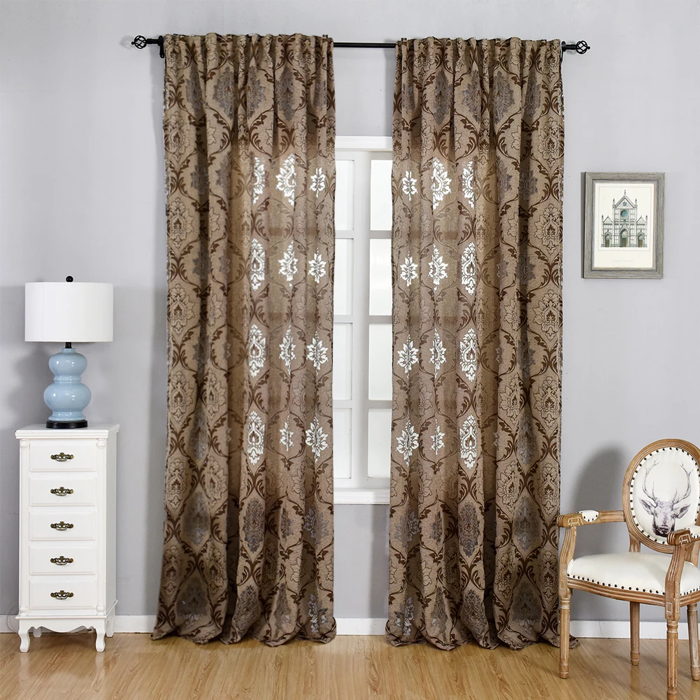 1PC European Jacquard Curtains for Living Rooms Brown Retro Hollow Pattern Drapes Transparent Tulle Home Textile