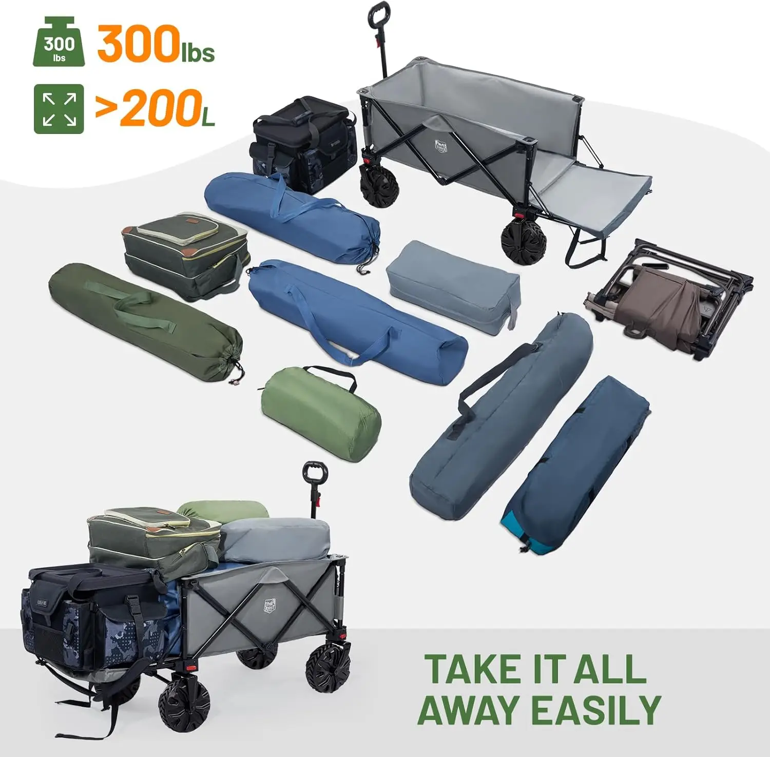 47" Extra Long Collapsible Folding Wagon with Tailgate, 300lbs Heavy Duty Beach Wagon USA