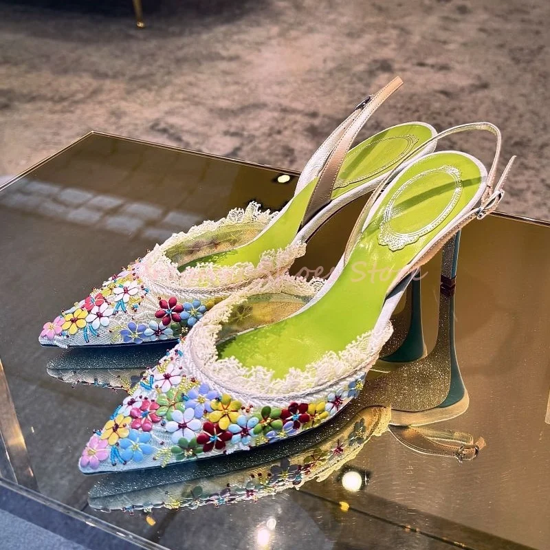 

Mesh Lace Flowers Decor Pointed Stiletto Pumps Women Buckle Strap Slingback High Heels Luxury Fashion Party Banquet Ladies Shoes