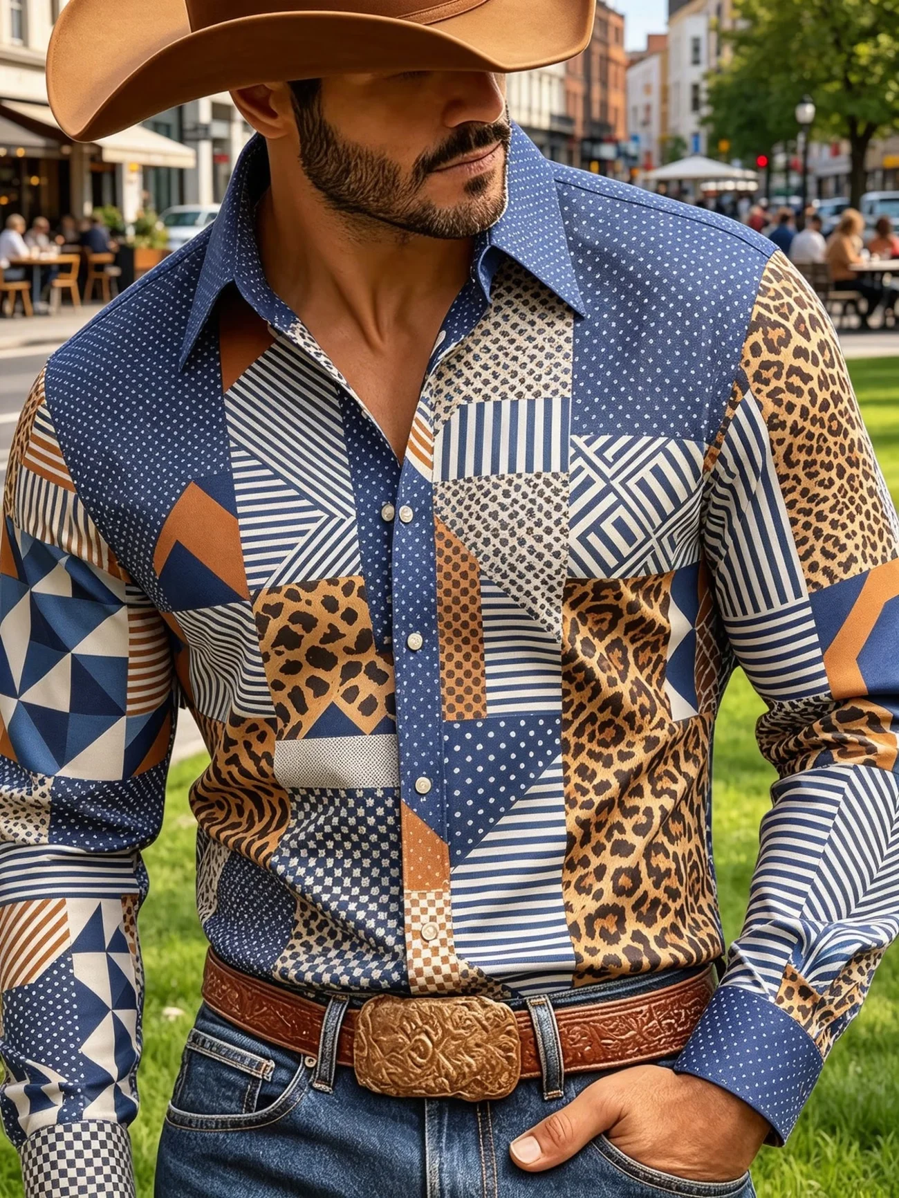New Western Style Cow Head Five Pointed Star Arrow Retro Printed Men's Lapel Casual Long Sleeved Shirt