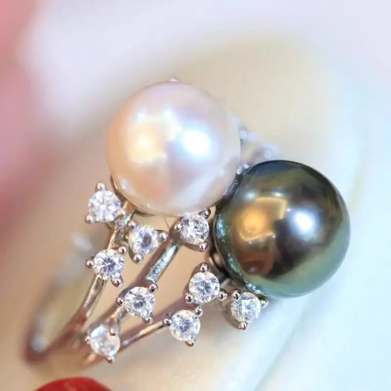 elegant 6-8mm south sea round white black pearl ring 925s