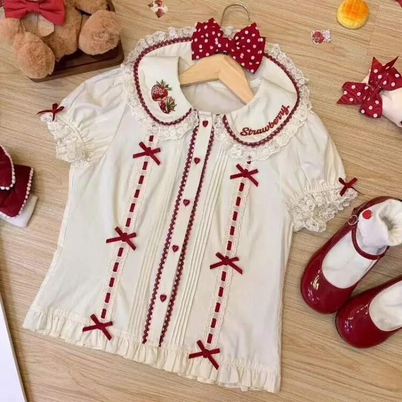 Japanese Lolita Shirts Women Sweet Schoolgirl Bow Strawberry Embroidery Lace Peter Pan Collar Princess Kawaii Blouses Y2k Tops