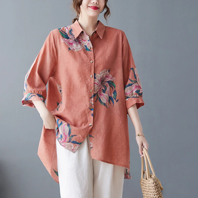 Sli 大きいサイズ レディース レトロ コットンリネン プリント サマー ルーズ ミディ丈トップ トレンド 韓国風 スレカラー 五分袖...