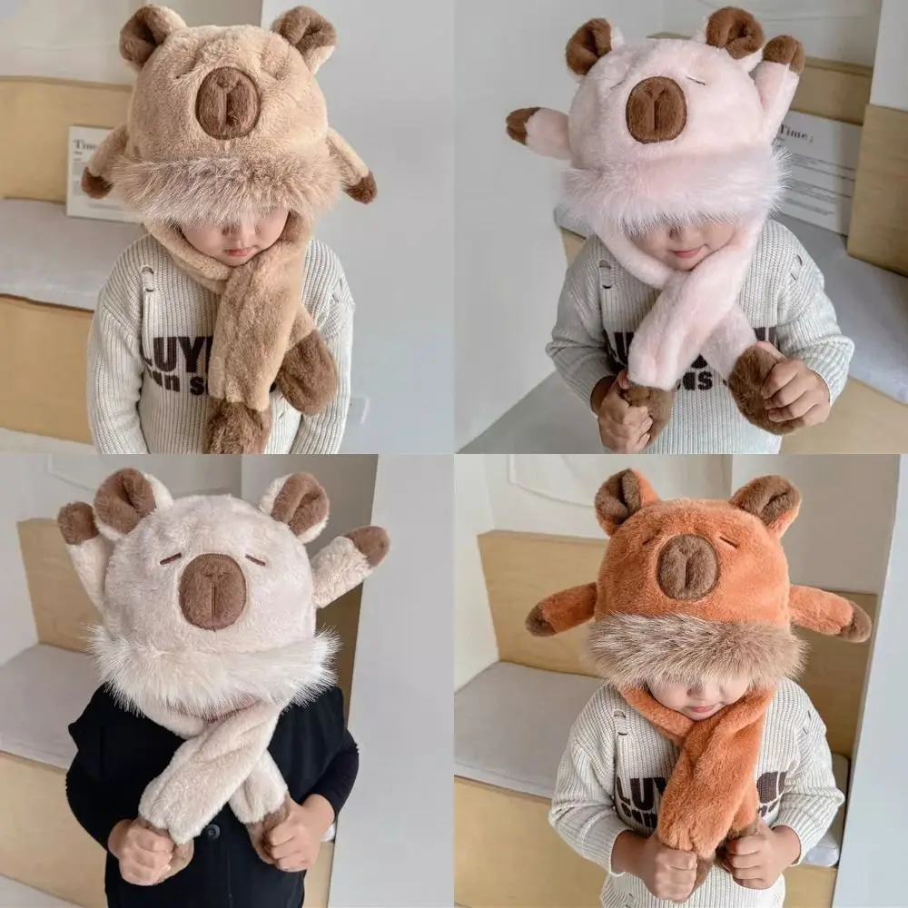 Cartone animato antivento protezione per le orecchie cappello orecchie mobili cappello ispessito sciarpa set morbido capibara integrato sciarpa con cappuccio ragazzi/ragazze