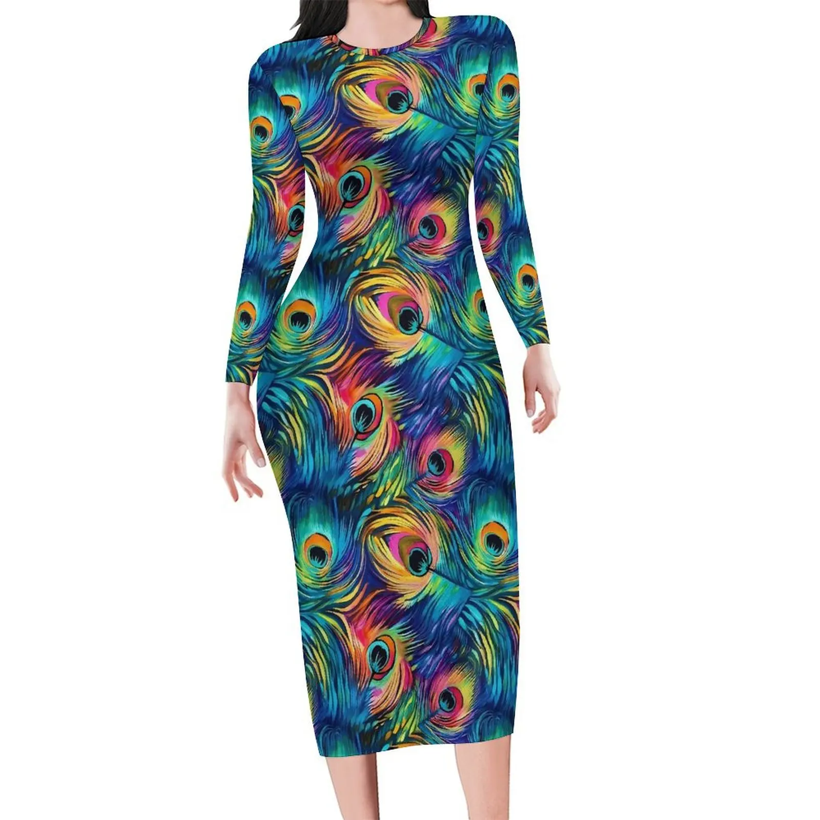 Vestido de plumas de pavo real arcoíris para mujer, manga larga, estampado Animal, vestidos de Club nocturno, ropa de calle para mujer, vestido Bodycon gráfico, Primavera