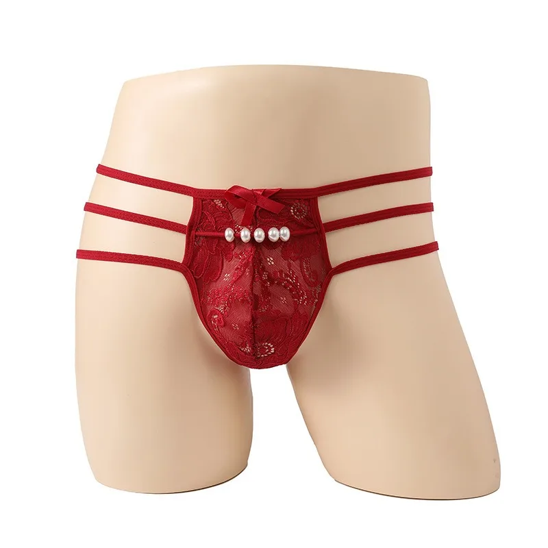 سيسي الحقيبة الملابس الداخلية سراويل الرجال اللؤلؤ Bowknot سراويل داخلية نسائية من الدانتيل المثيرة انظر من خلال ثونغ الجنس شقي مثلي الجنس Fetis المثيرة الملابس الداخلية