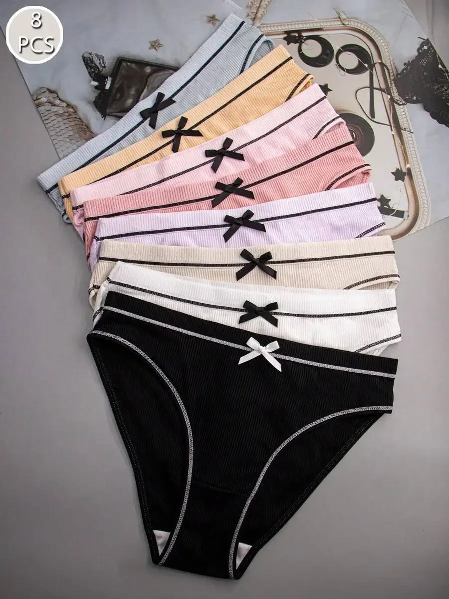 

8 Pcs Womens Multicolor Ribbed Bow Decorated Comfortable Triangle Panties