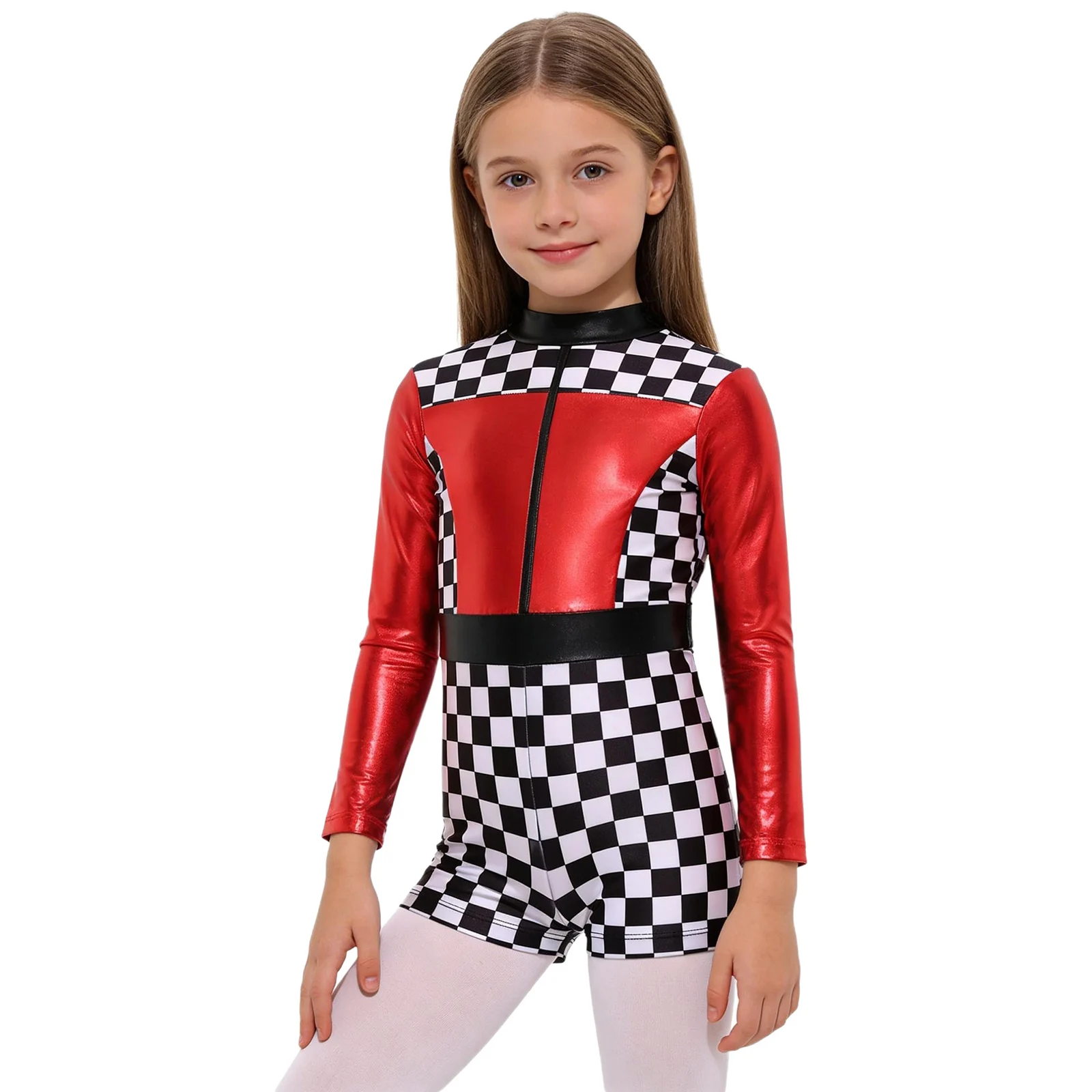 

Kids Girls Race Car Racer Theme Party Cosplay Costume Long Sleeve Checkerboard Print Bodysuit Back Zipper Short Jumpsuit