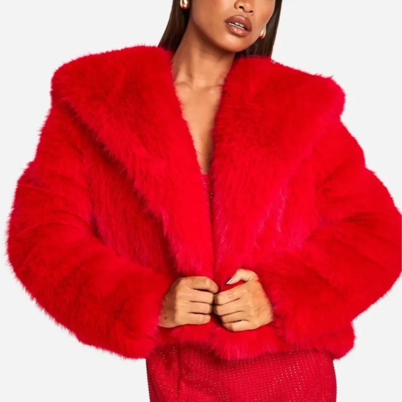 2025 New Women's White Plush Faux Fox Fur Coat Thickened Fluffy Faux Fur Collar High Quality Winter Solid Warm Jacket Coats