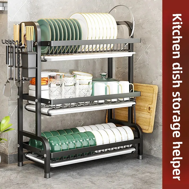 Multifunctional Dish Drying Rack Cutlery Holder with Drain Tray Cutting Board Rack Kitchen Countertop Storage Solution