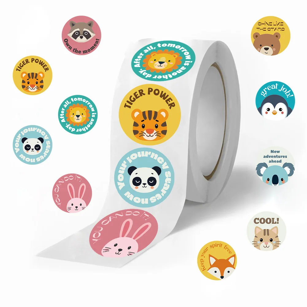 500Pcs/Roll Cute Cartoon Animal Stickers Motivational Reward Stickers Colorful Round Decals for Kids DIY Water Bottles Laptop