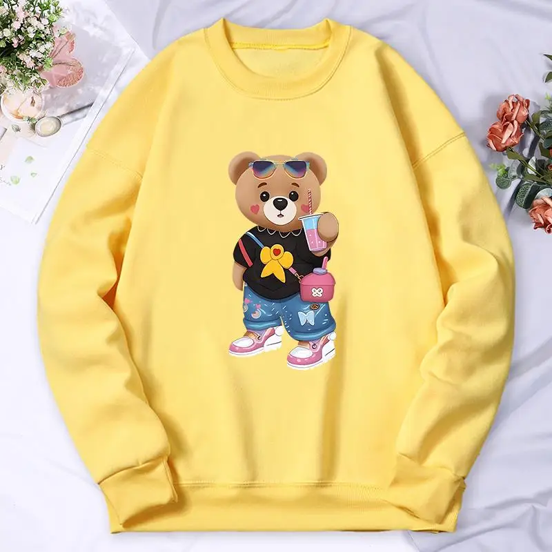 Bear Sister Drinking Beverages Print Hoody For Women Street Loose Sweatshirt Autumn Fleece Hoody Hip Hop S-Xxl Streetwear Female