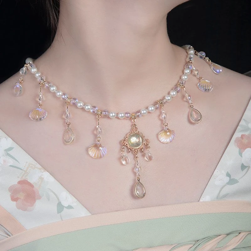 New Chinese Style Pearl Tassel Necklace Women's Hanfu Elements Clothing Accessories round Bead Chain Single Pendant