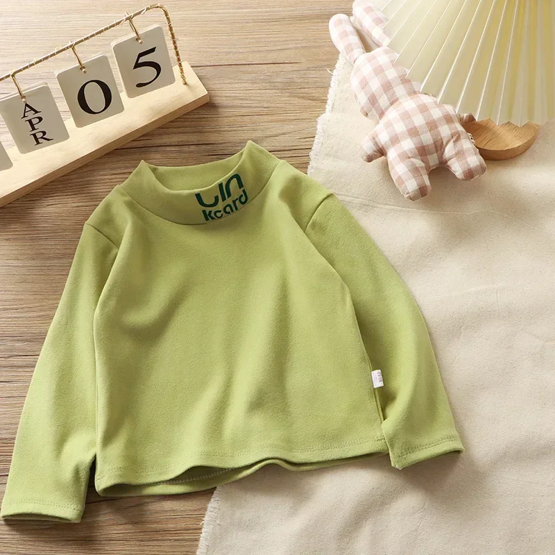New 2024 Autumn Kids T-Shirts Boys Girls Fashion Turtleneck Long Sleeve Solid T-shirt Tops Children\'s Casual T-shirts Clothing
