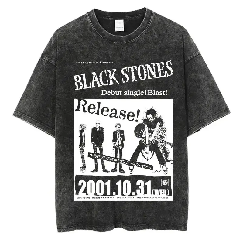 Japanese Anime Nana Osaki Print Vintage Washed Tshirt Harajuku Streetwear Graphic T-Shirt Summer Short Sleeve Cotton Tshirt