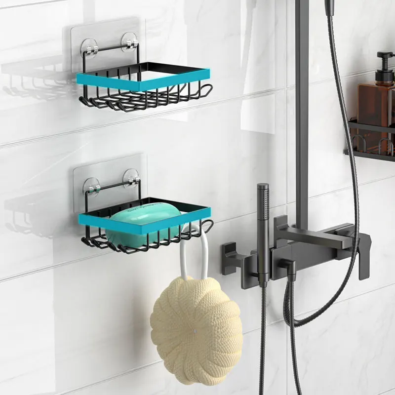 

No-Drill Iron Soap Dish Rack - Multifunctional Bathroom Organizer with Shaver Holder & Shower Hook for Space Saving