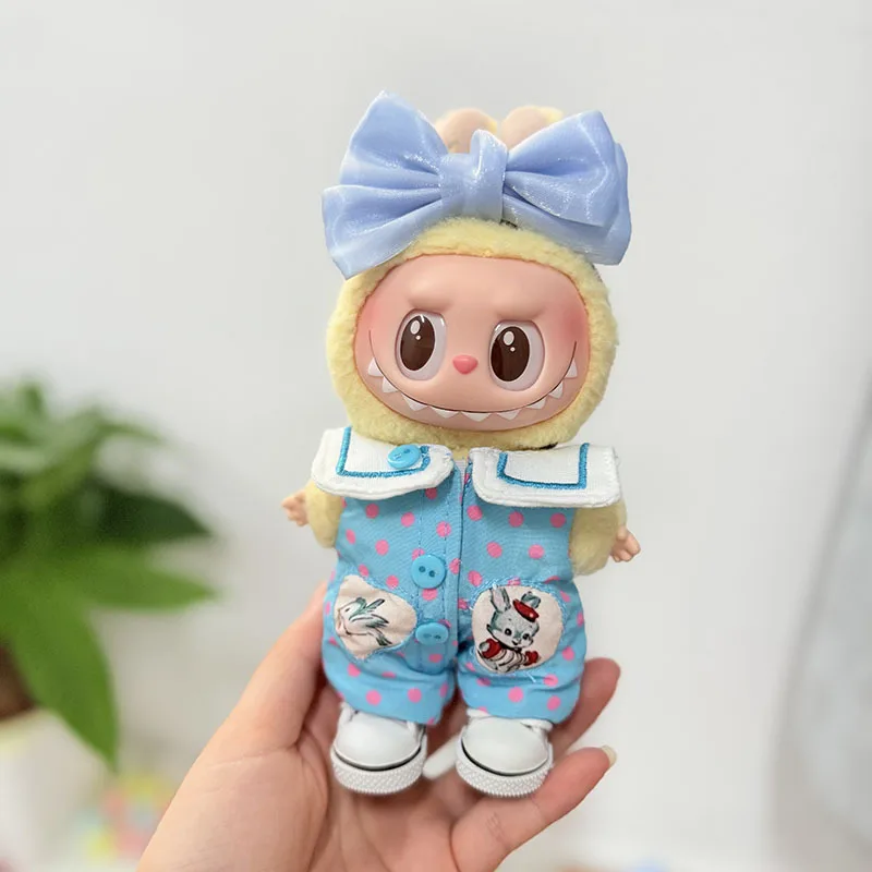 

Clothes For Labubu Cute Blue Polka Dot Outfit Set With Large Light Blue Bows Accessories For 15/17cm Labubu Dolls 1st-3rd Gen