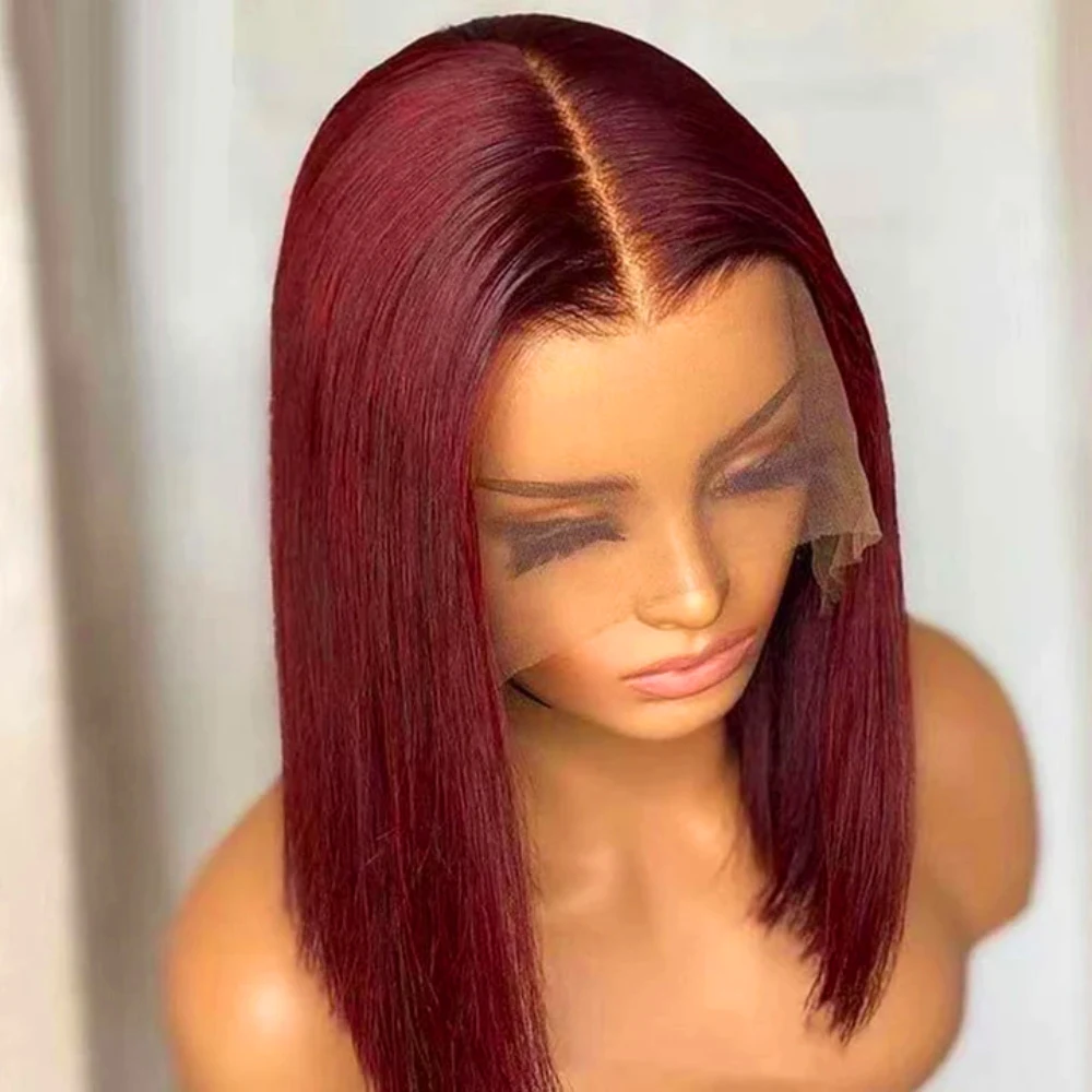 Wig merah anggur renda pendek lurus Wig depan untuk wanita Wig renda sintetis wanita garis rambut alami Wig renda merah anggur pakaian sehari-hari