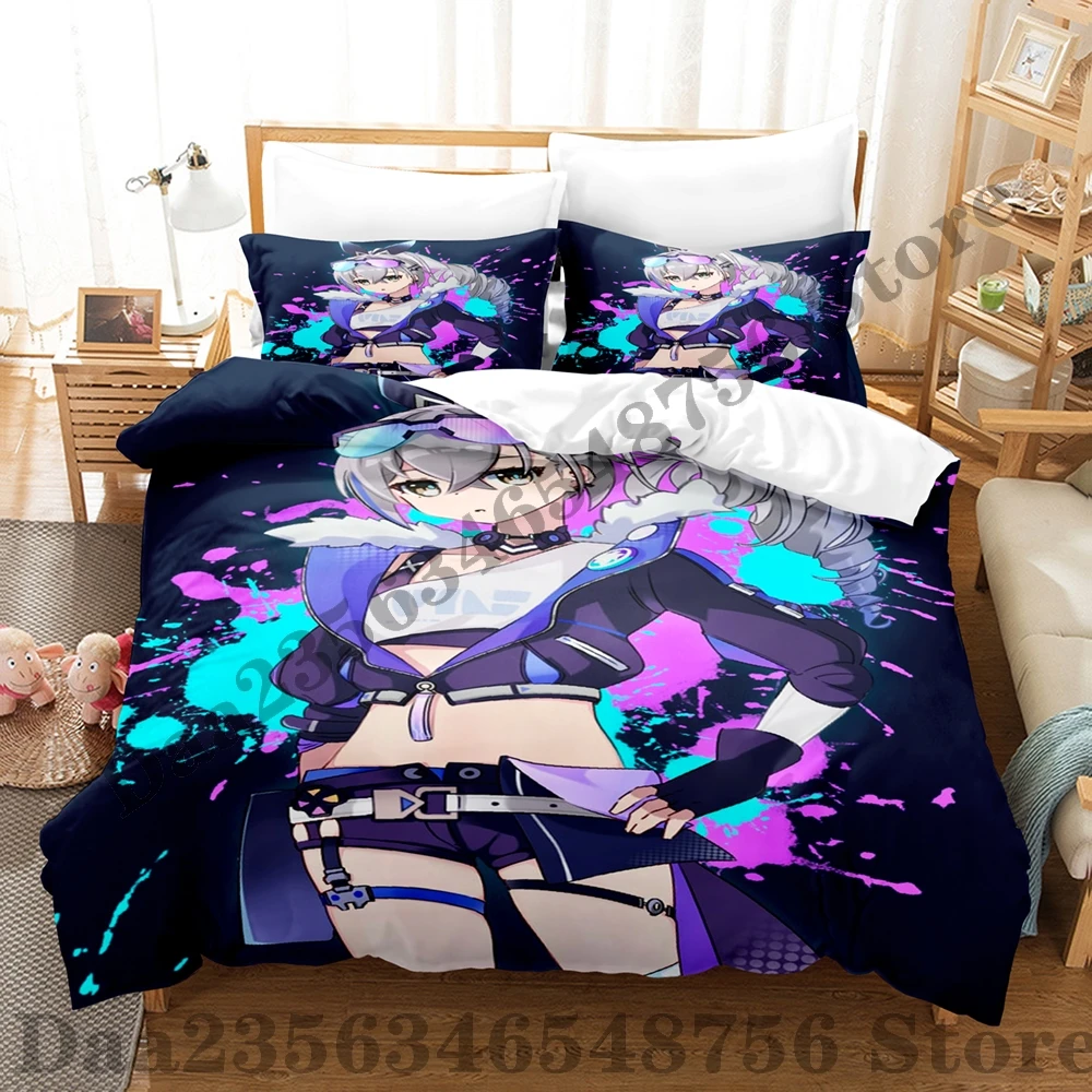 Kawaii Silver Wolf Honkai Star Rail Pattern Three Piece Bedding Set Luxury Comforter Set with Queen King  Including household go