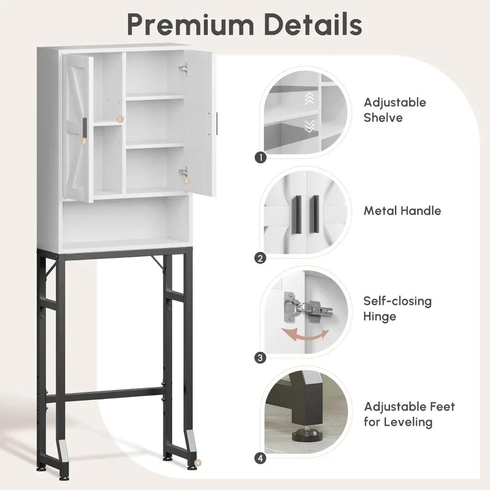 خزانة تخزين فوق المرحاض، منظمات الحمام والتخزين مع أبواب الحظيرة، حامل معدني سميك وخشب MDF فوق المرحاض S