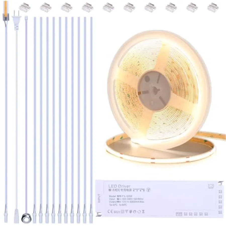 12V COB LED Under Cabinet Strip Lighting Cuttable 32.8ft for Kitchen 4000K Natural White LED Strip Lights Dimmable Adhesive 8W/