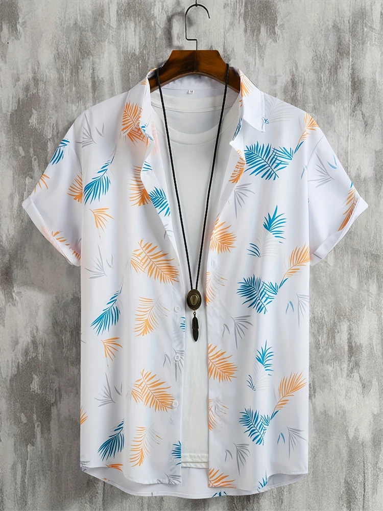 2024 Fashion Leaves Three-dimensional Printing Lapel Shirt Hawaii Casual Short-sleeved Button Down Shirt Summer Loose Mens Shirt