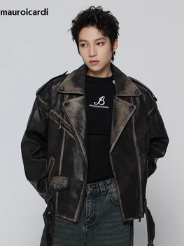 Mauroicardi Spring Cool Handsome Vintage Distressed Black Pu Leather Biker Jacket Men Belt Zipper Loose Unisex Clothes 2024