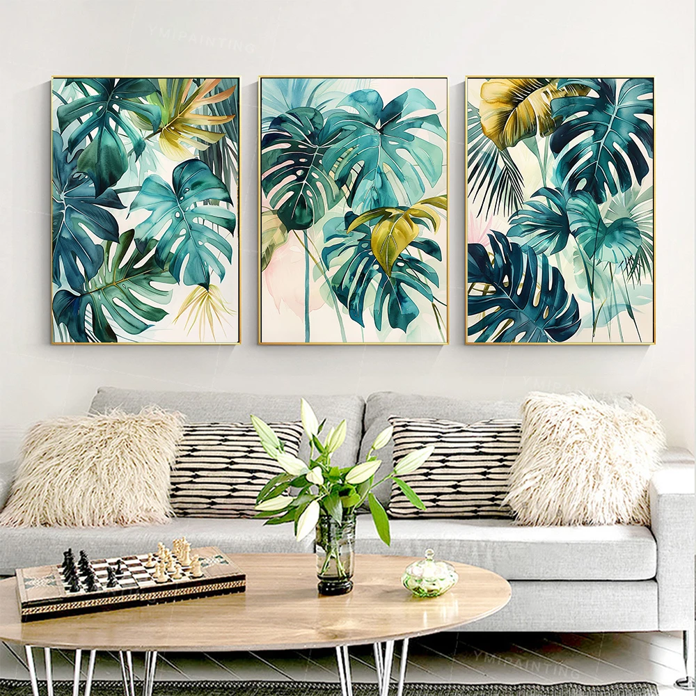 Tropical Leaves Print Watercolour Green Golden Palm Leaf Wall Art Poster Modern Art Canvas Painting for Living Room Home Decor